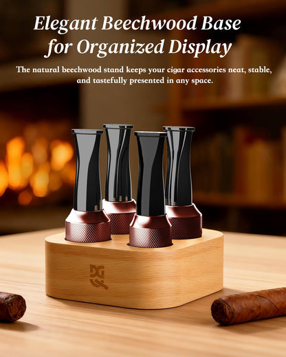 DGHOPE Cigar Holder & Mouthpiece Tips Set (36–58 Ring Gauge) – Reusable Metal & Resin Cigar Mouthpiece with Beech Wood Storage Base, Smooth Draw, Cigar Accessories Gift for Men and Women Brown