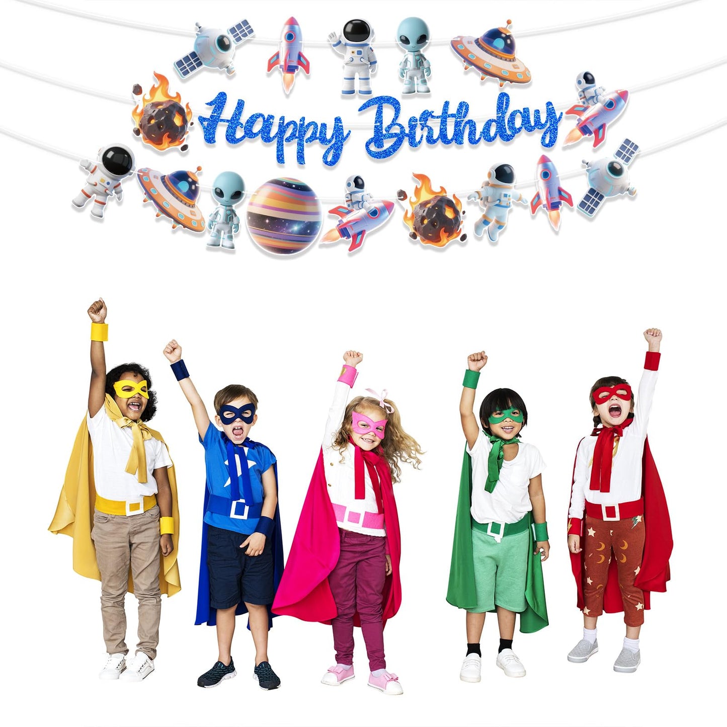 Outer Space Party Banners 3Pcs Happy Birthday Blue Astronaut Ship Garland Banners for Boy Girls Solar System Theme Baby Shower Birthday Party Supplies