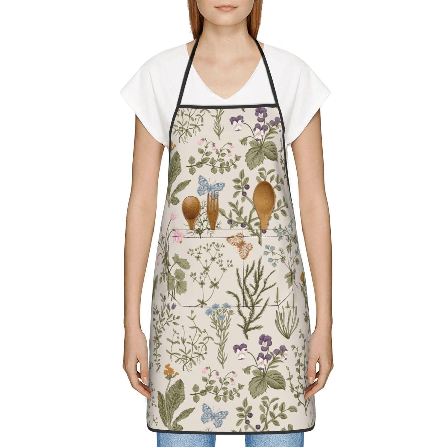 HEROARMOUR Vintage Wildflower Herbs Floral Rustic Butterfly Oven Mitts Pot Holders Cooking Apron Set of 5 Silicone Kitchen Glove Apron Non-Slip Heat Resistant for Chef Baking Cooking Grilling BBQ