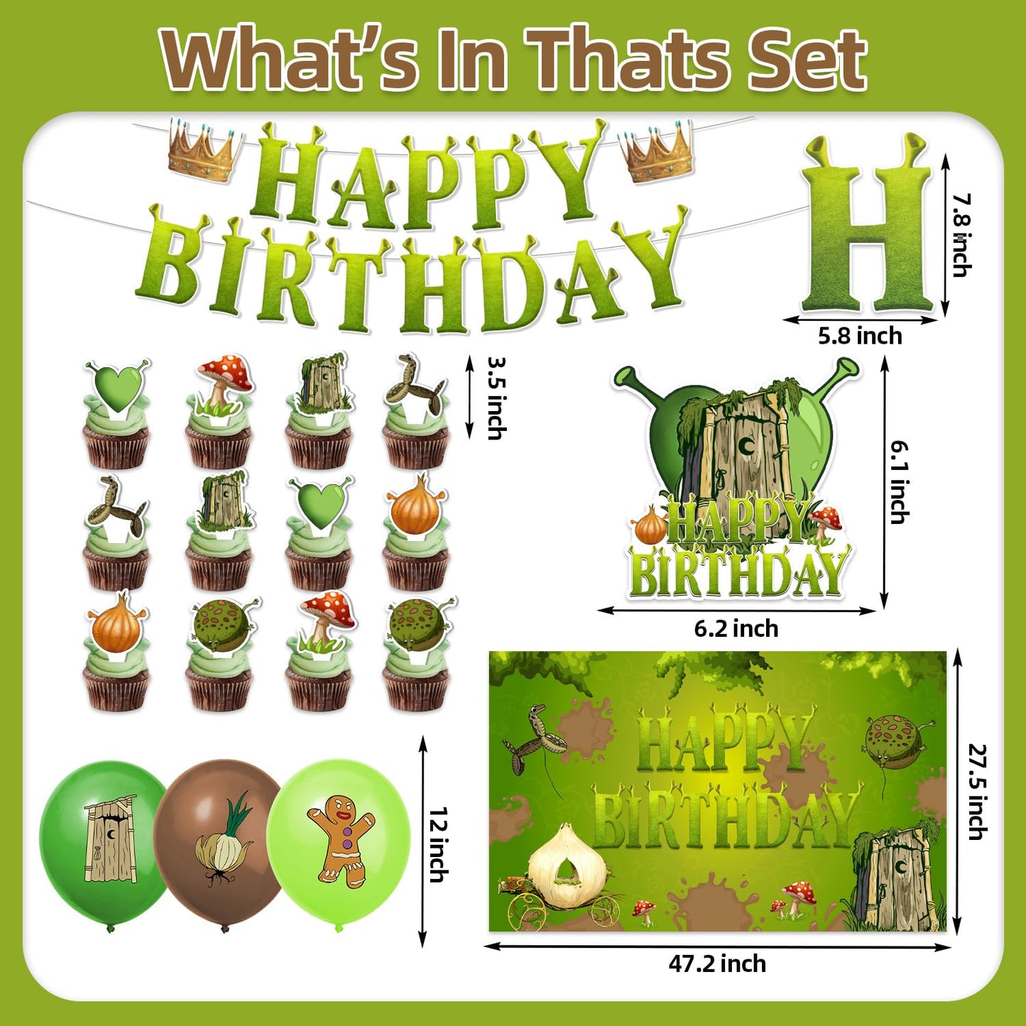 42pcs Green Monster Birthday Party Decorations Includes Cake Toppers,Cupcake Toppers, Banner, Backdrop, Balloons - Green Monster Theme Party Supplies