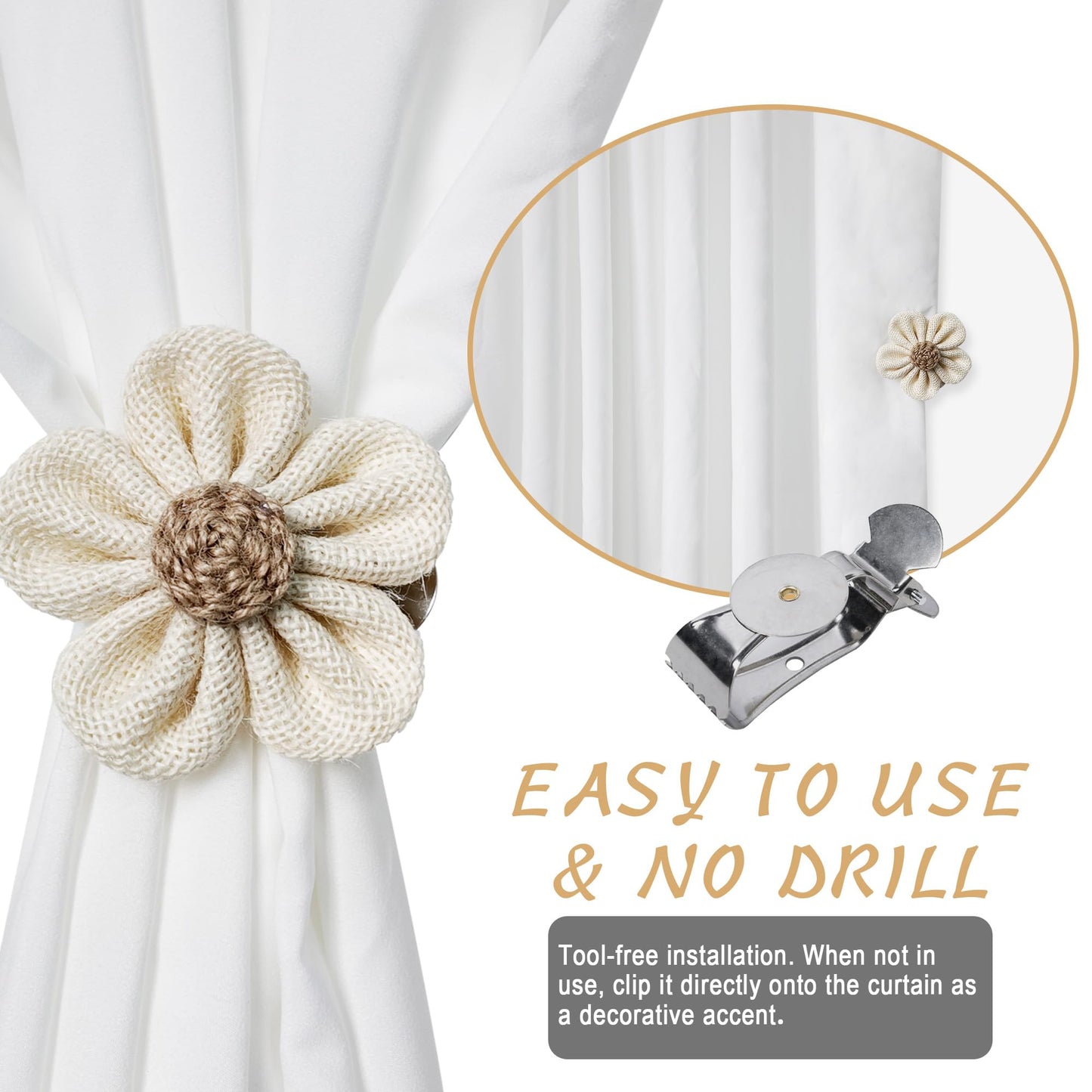 Curtain Tie Backs for Curtain Drapes, Boho Decor Holdback Clamp Farmhouse Tiebacks Clips with Flower for Sheer Curtains, Shabby Chic Drapery Holder, Pack-2
