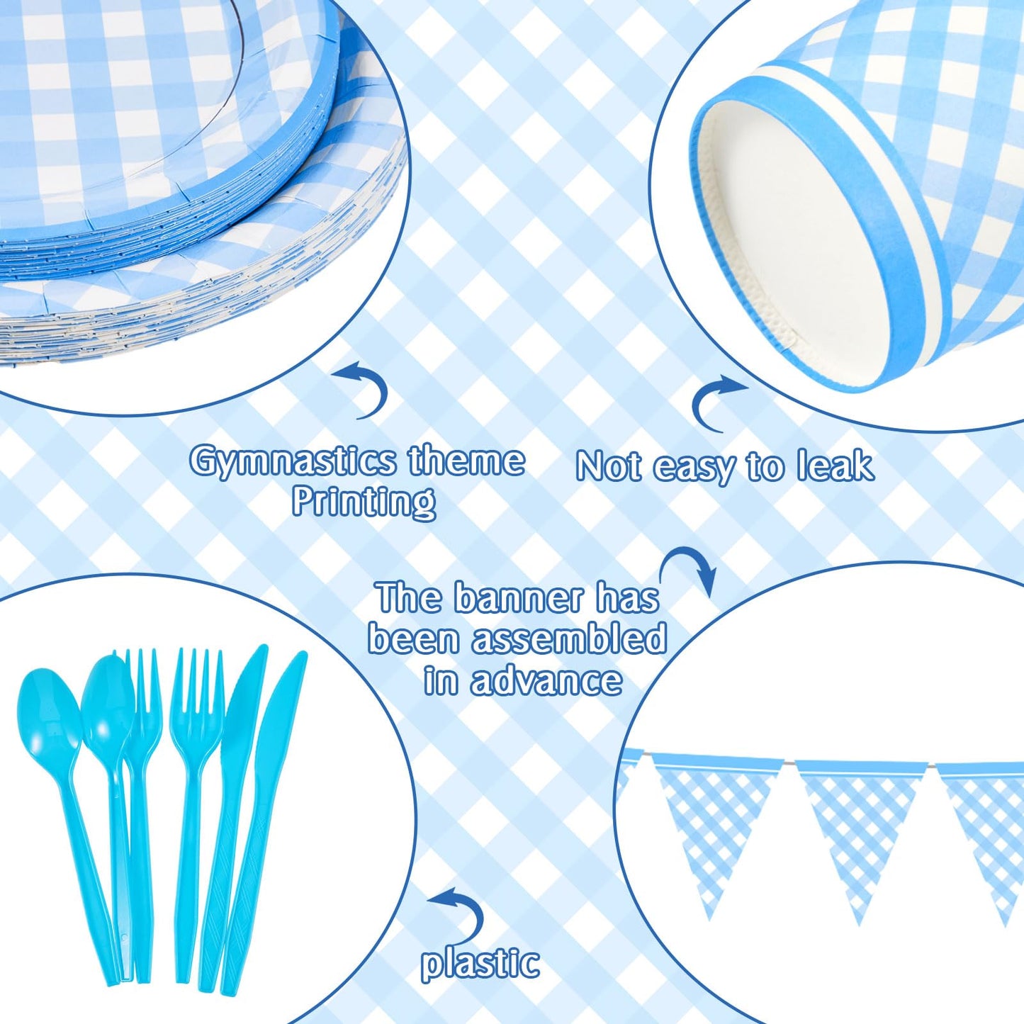Preboun 198 Pcs Gingham Party Supplies for 24 Guests Checkered Plaid Tablecloth Pennant Banner Plate Cup Napkin and Cutlery for Picnic BBQ Birthday Baby Shower Party(Light Blue, White)