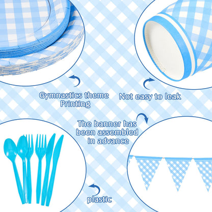 Preboun 198 Pcs Gingham Party Supplies for 24 Guests Checkered Plaid Tablecloth Pennant Banner Plate Cup Napkin and Cutlery for Picnic BBQ Birthday Baby Shower Party(Light Blue, White)