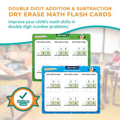 Channie’s Double Digit Addition and Subtraction Flash Cards, 30 Dry Erase Educational Math Flash Cards for Kids, Ideal for 1st to 3rd Grade, Level 2 Color-Coded Cards, 360 Two-Digit Problems