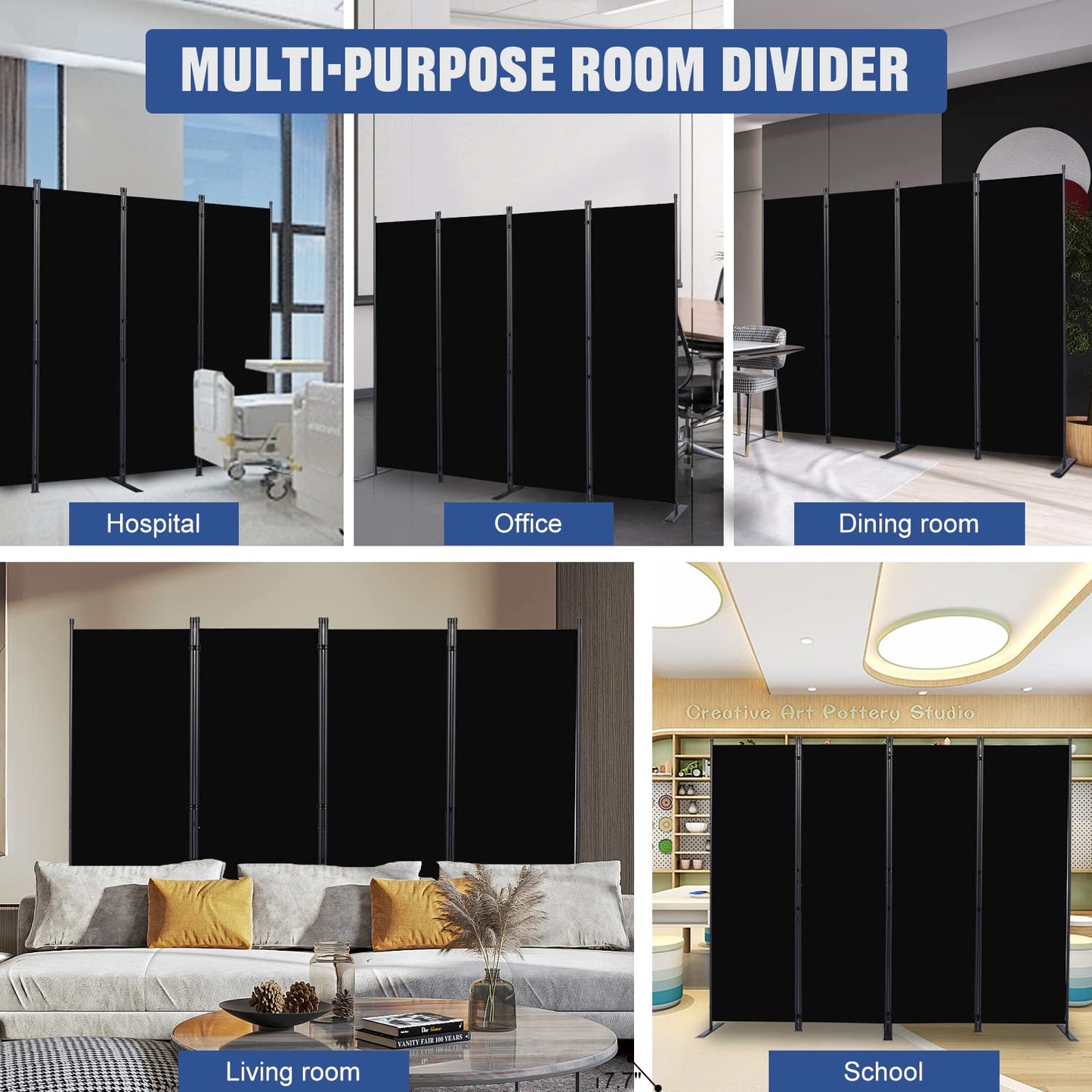 Room Divider 6FT Portable Room Dividers and Folding Privacy Screens, Fabric Divider for Room Separation, Partition Room Dividers Freestanding Wall Divider Screen Studio (Black, 4 Panel-88'')