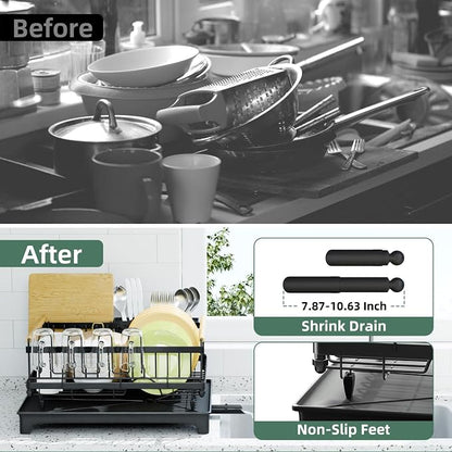 Dish Drying Rack with Auto-Drainboard - Rustproof Kitchen Counter Strainer with Cutlery & Cup Holders, Compact Space Saver Kitchen Strainer, Black
