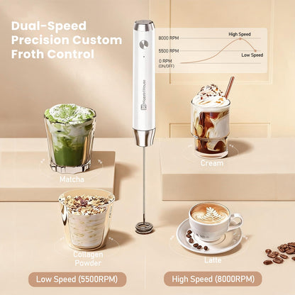 Maestri House Rechargeable Milk Frother, LunaFro NS 2-Speed Handheld Electric Foam Maker Waterproof Detachable Stainless Steel Whisk Drink Mixer Foamer for Lattes, Cappuccino, No Stand