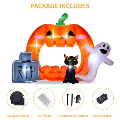 VENLOIS 7FT Halloween Inflatable Pumpkin Photo Frame with Tombstone Black Cat White Ghost,Built-in LEDs for Halloween Blow Up Indoor Decor, Cute Fun Holiday/Party/Yard/Garden Fantasy Party Display