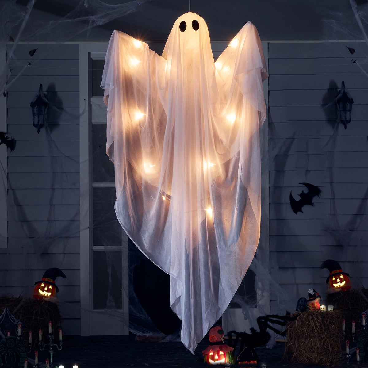 JOYIN Halloween Hanging Light up Ghost, 47” White Ghosts with Warm White LED Light and Timer Halloween Hanging Decoration Waterproof for Front Yard Patio Lawn Garden Party Decor Indoor Outdoor