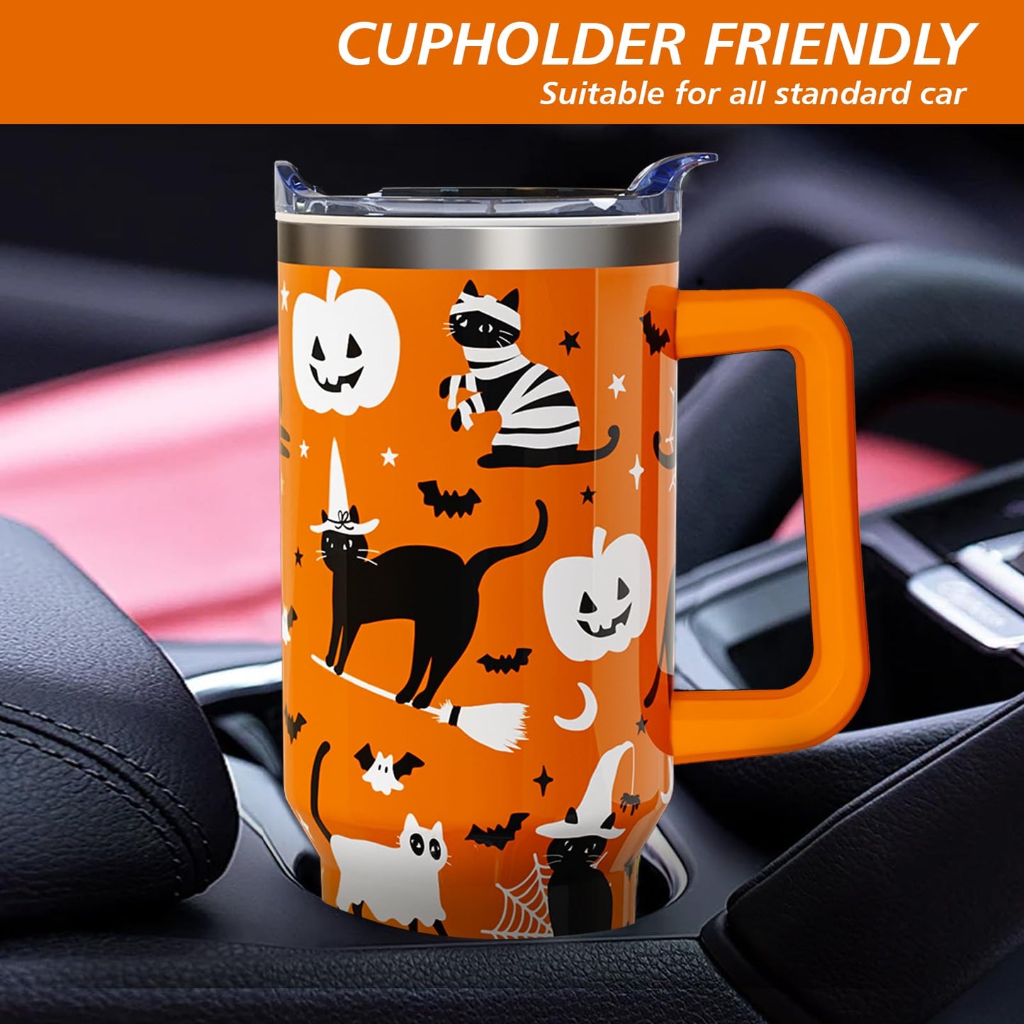 Aokoyi Halloween Cat 40 Oz Tumbler With Handle and Straw, Cute Black Cats Stainless Steel Insulated Cup Water Bottle, Spooky Holiday Gifts for Women Men (1PC)