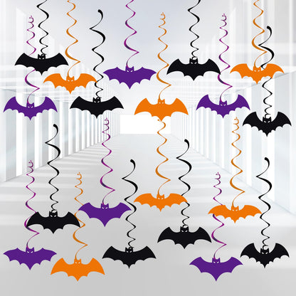YQUQWN 46 PCS Halloween Bat Hanging Swirl Decorations Black Orange Purple Flying Vampire Bat Ceiling Decor for Kids Halloween Party Door Office Party Supplies