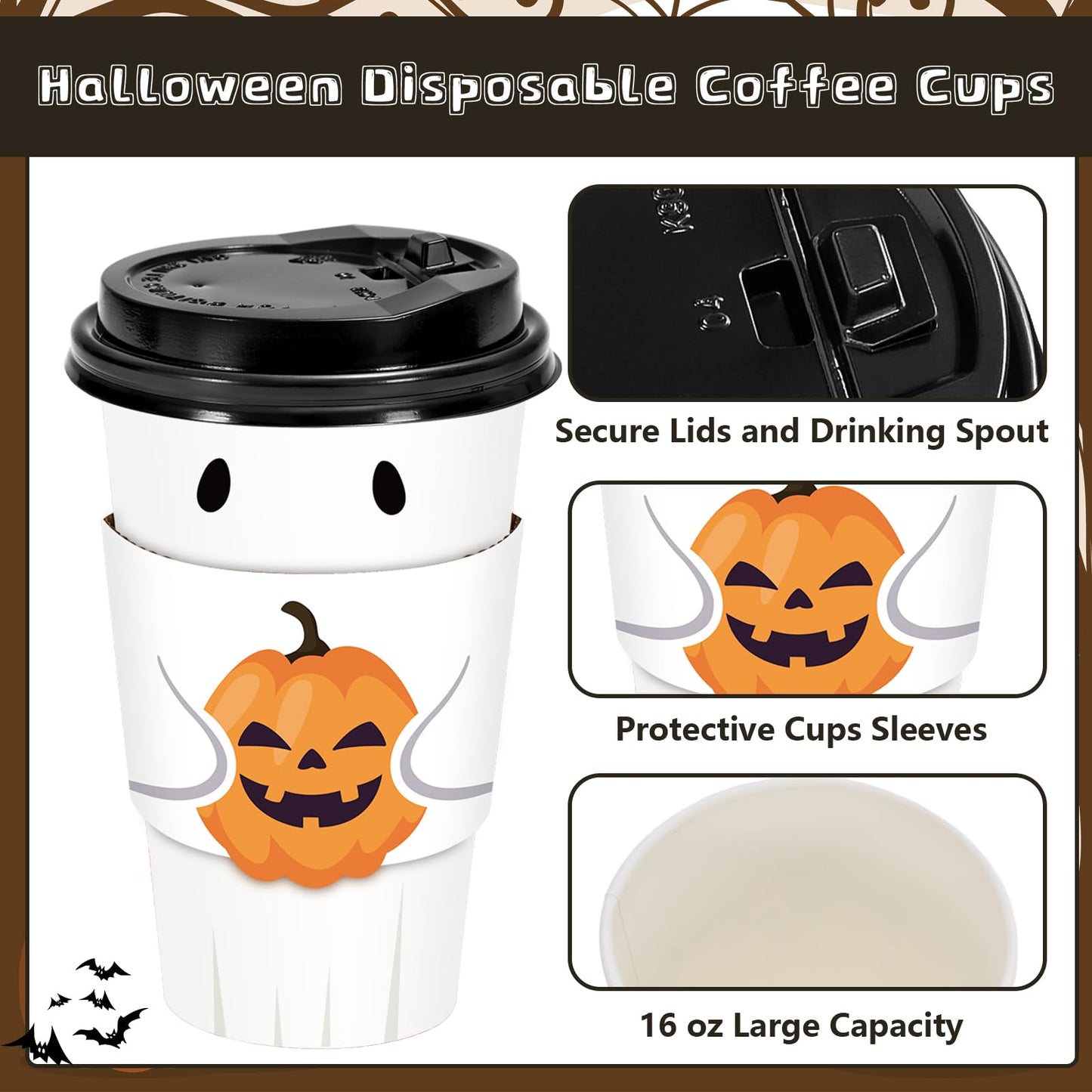 Whaline 60 Set Halloween Disposable Coffee Cups with Lids and Bat Candy Cone Pumpkin Sleeves 16 Oz Ghost Paper To Go Cups for Trick or Treat Party Supplies