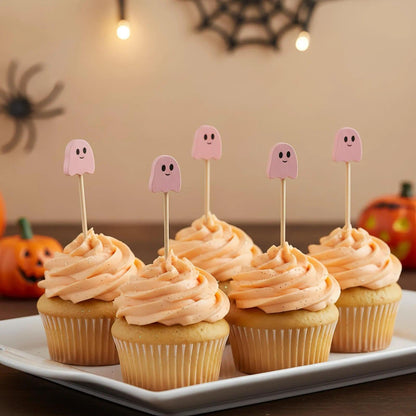 100 Pcs Ghost Cocktail Picks for Halloween and Fall – Bamboo Toothpicks with Cute Ghost Design for Appetizers, Fruit, Desserts, Coffee Drinks, Cake Toppers and Party Decorations (pink)
