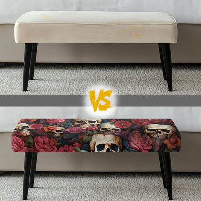 BYOXPUVI Skull Peony Pattern Bench Cover Slipcover,Halloween Decorative Removable Bench Chair Covers Stretch Seat Cushion Protector