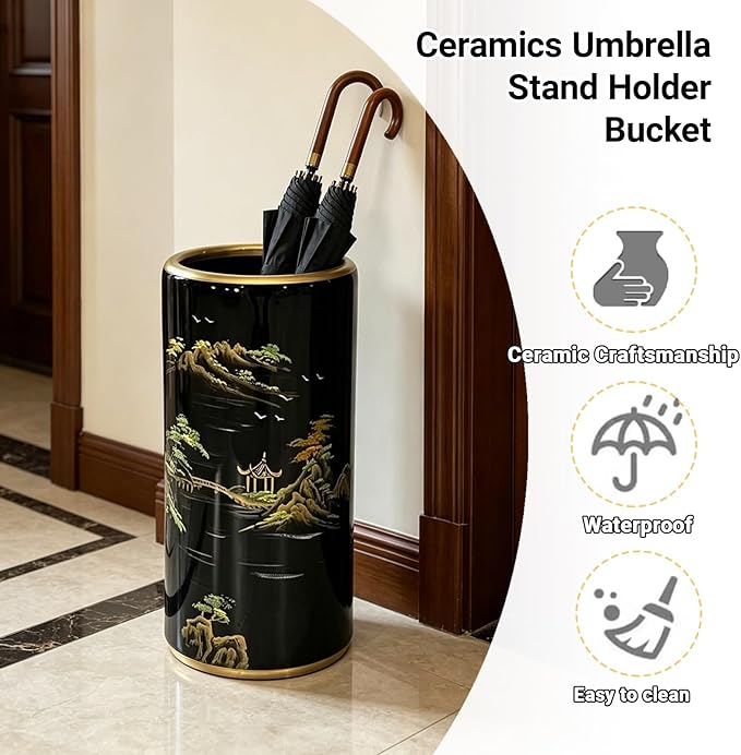 Ceramic Umbrella Stand Umbrella Holder for Entryway Hand-Made Umbrella Stand Barrels Umbrella Holder Cane Floor Standing Vase Ceramic Storage Bucket for Home Office Entrance Indoor.(Joy)