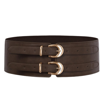 Scarlet Darkness Women's Wide Elastic Belt for Dress Stretchy Corset Belt Double Gold Buckle Waist Belt Dark Brown L