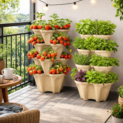 smart spring Large Vertical Planter Tower, 4 Tier Stackable Garden Planter, 28 Plant Sites, Heavy Duty Strawberry Planter, Vertical Growing System with Center Hole, Made in USA (Desert Sand)
