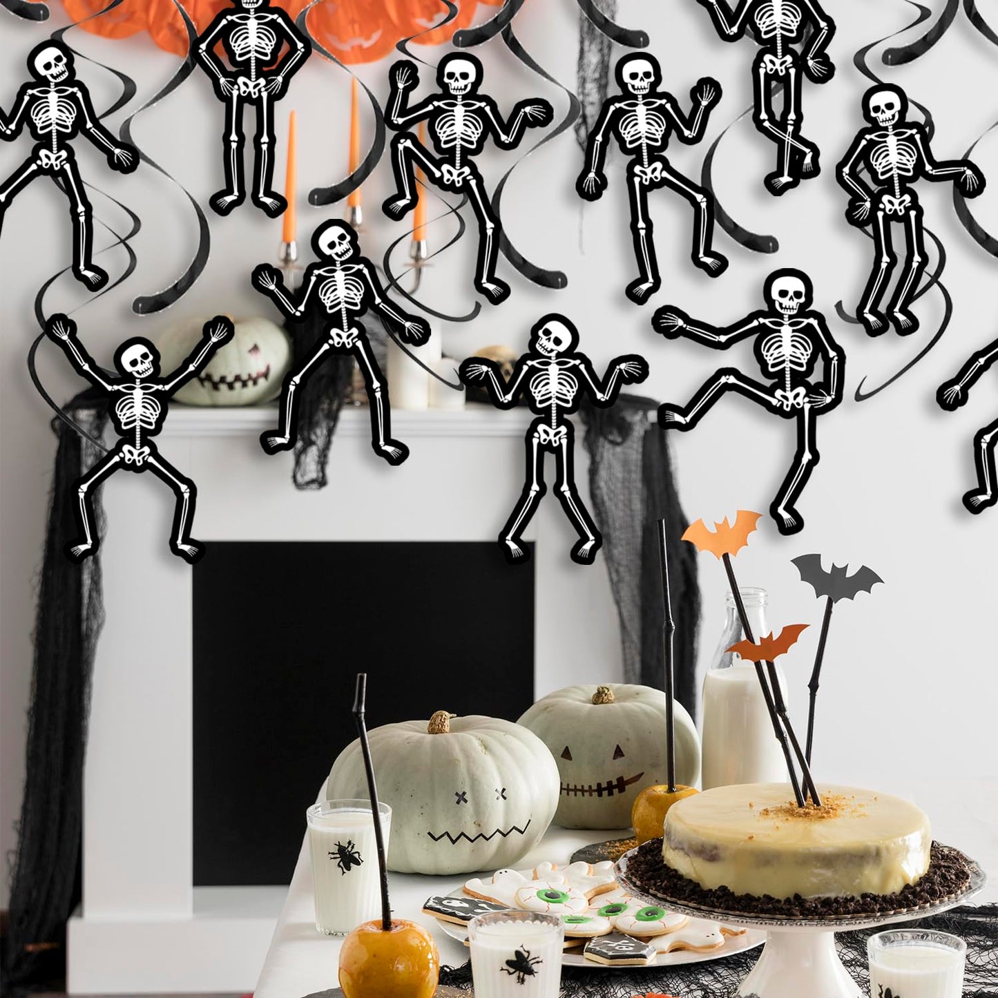 Halloween Skeleton Hanging Swirls Black Horror Theme Party Ceiling Decorations Skull Bone Hanging Cutout Streamers 20 Pack Halloween Birthday Party Supplies for Home Haunted House Decor