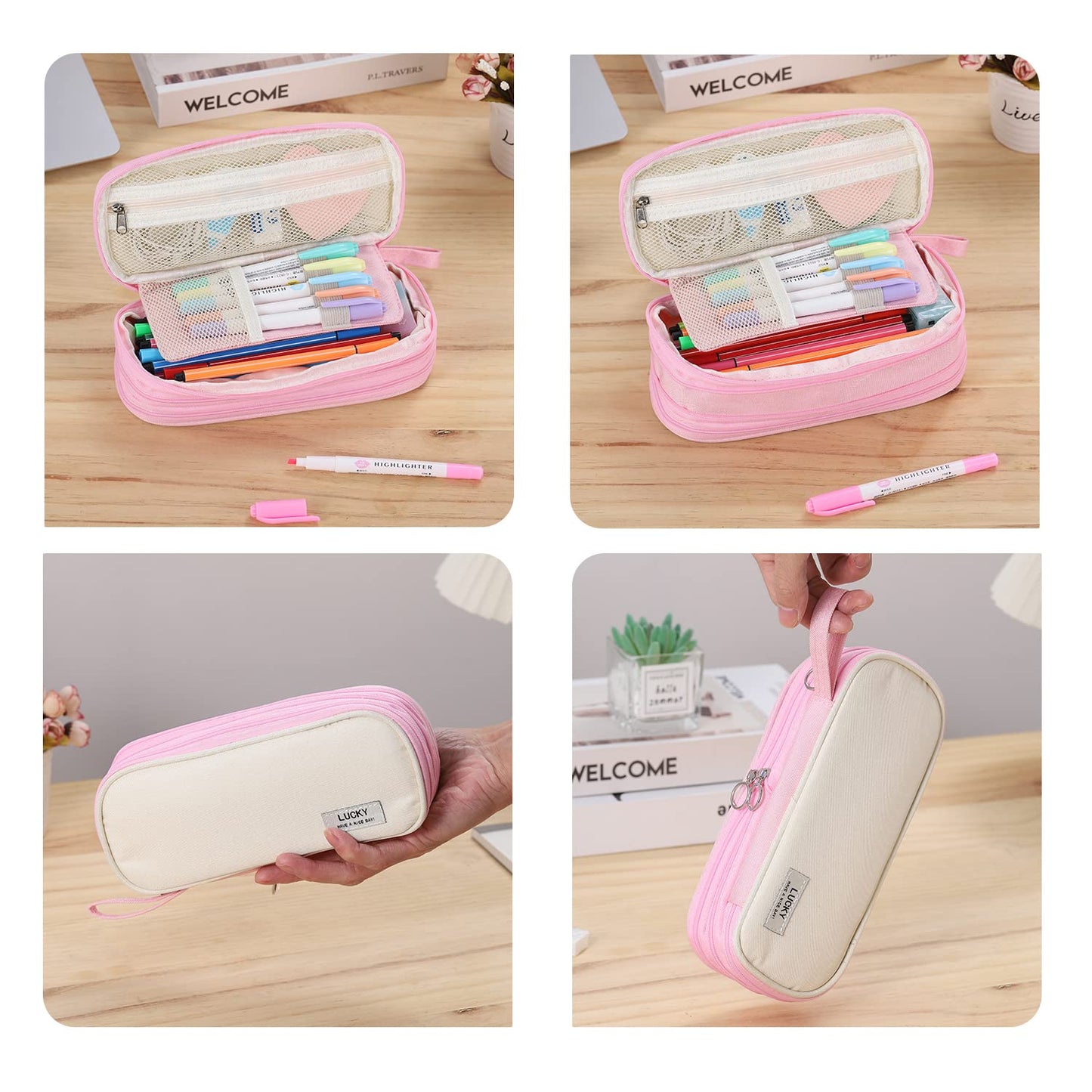 Tergopa Big Pencil Case Zipper Pencil Pouch Organizer Large Capacity Pen Bag with Handle Portable for Girls Kids Adults Gift Pen Case for School Home Office Light-pink