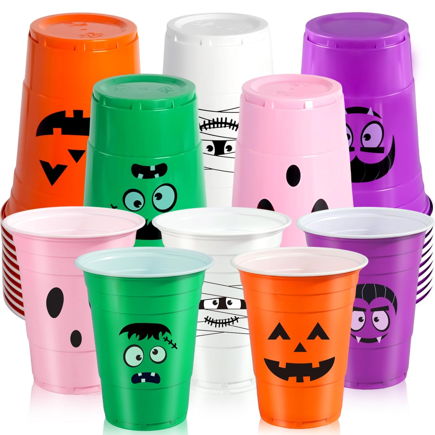50 Pack Halloween Plastic Cups - Colorful 16Oz Disposable Drinking Cups, Vampire Mummy Monster Ghost Pumpkin Party Cups for Halloween Party Favors Coffee Wine Hot Cold Drinks (5 Designs)