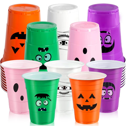 50 Pack Halloween Plastic Cups - Colorful 16Oz Disposable Drinking Cups, Vampire Mummy Monster Ghost Pumpkin Party Cups for Halloween Party Favors Coffee Wine Hot Cold Drinks (5 Designs)