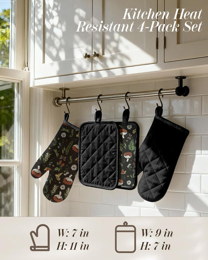 Miss Adola Cotton Oven Mitts and Pot Holders Sets - Quilted Lining Heat Resistant 4 Pieces Set with Hanging Loop Cute Farmhouse Boho Spring Kitchen Decor and Accessories, Black Mushroom