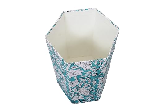 3.3 Gallon Cotton Hand Block Printed Paper Waste Basket |Small Decorative Trash Can for Housewarming Gifts in Living Room, Bedroom, Bathroom | Eco-Friendly, Plastic-Free (1, L, Green White MOR)