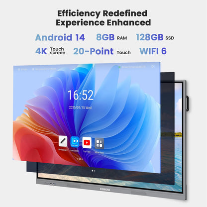 KEINONE 75'' 4K Smart Board, Android 14 OS 8+128 GB Interactive Whiteboard, Electronic Digital Whiteboard with Open App Ecosystem, Touchscreen Smart Board for Home, Office and Classroom, Gray