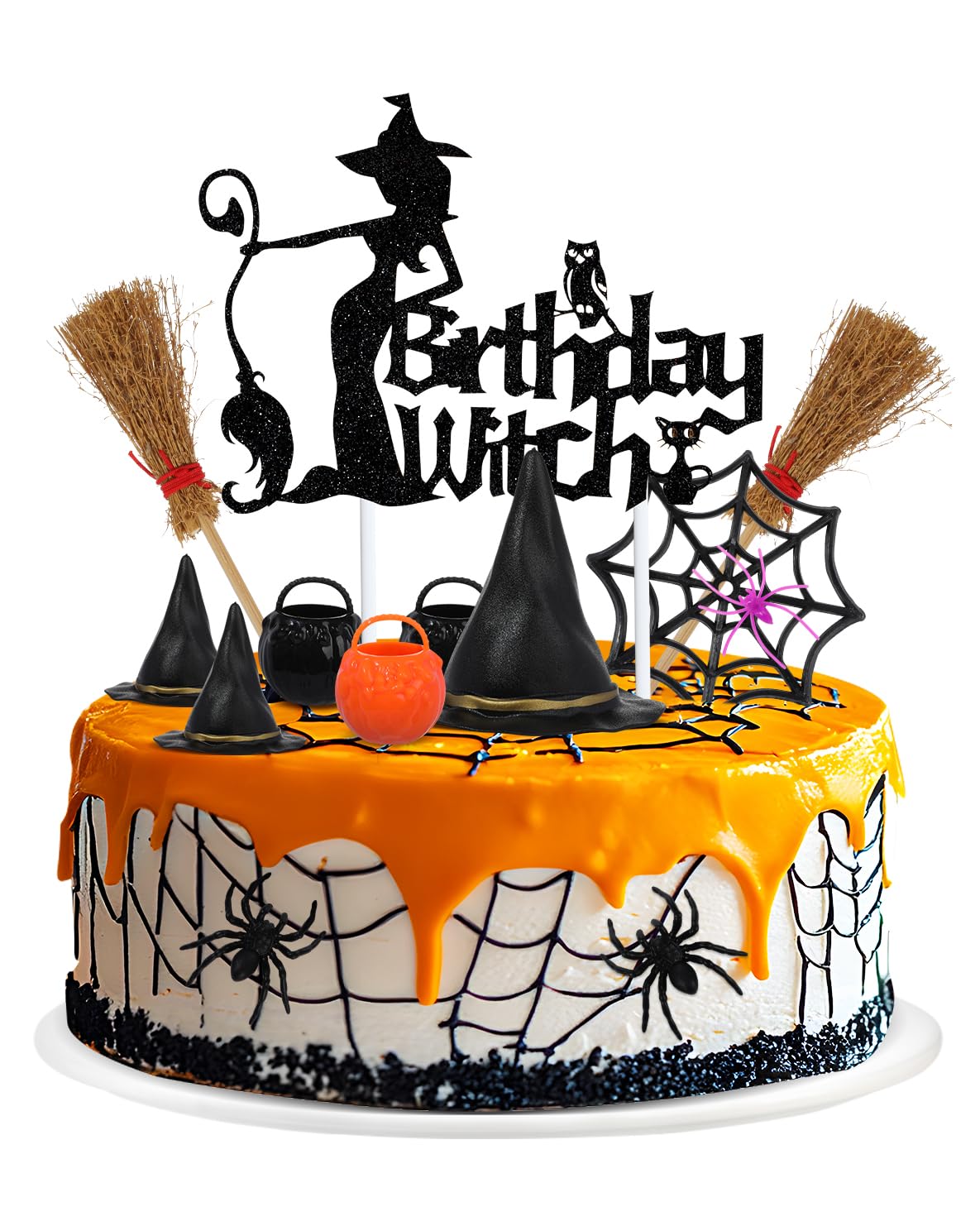 Liobelon 13 Pieces Birthday Witch Cake Topper, Gothic Theme Birthday Party Decoration, Scary Spider Web Witch Bucket Broom Spiders Cake Decorations for Girl Women