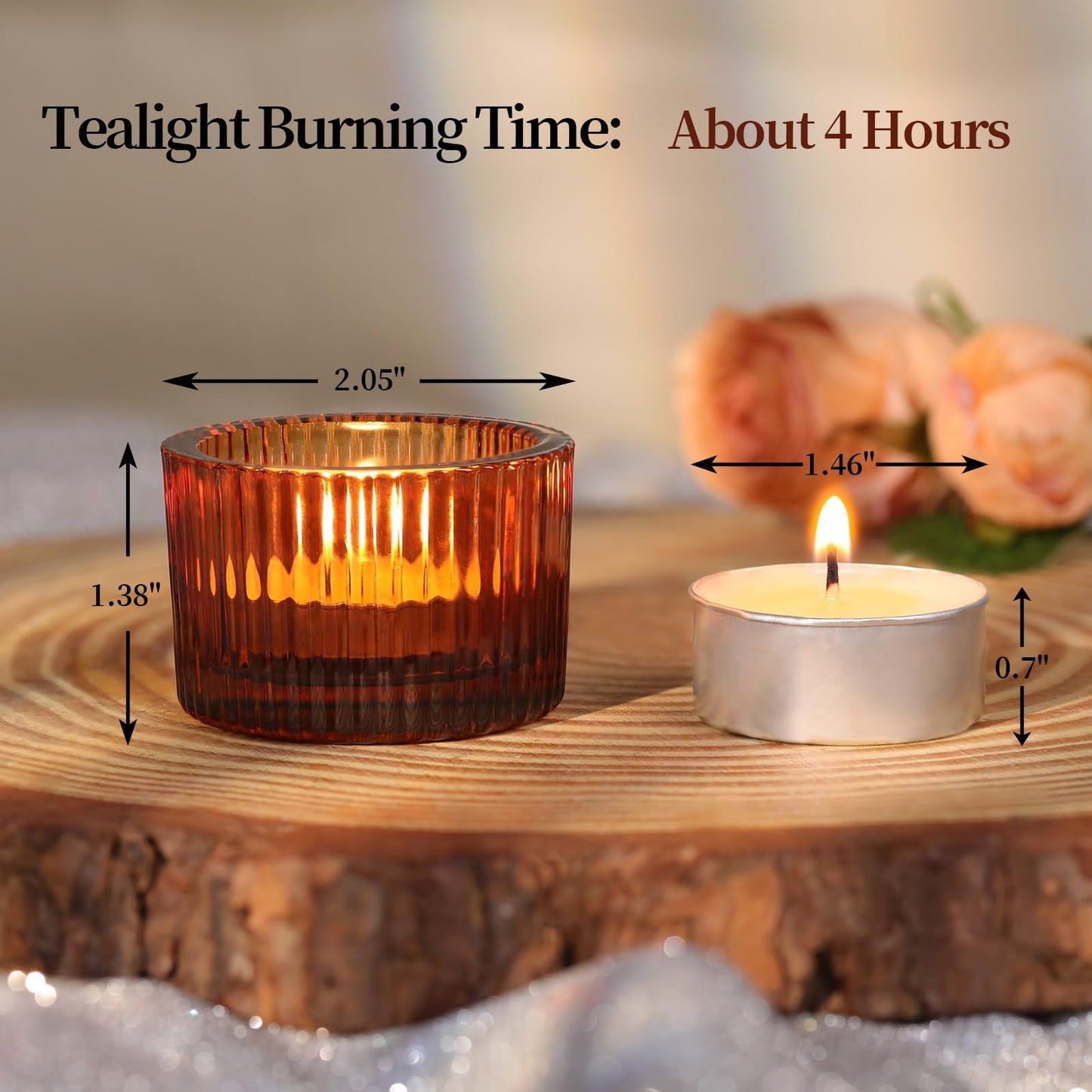 HAVITI 18 Pcs Amber Tealight Candle Holders with 18PCS Tealights, Glass Votive Candle Holders Set for Table Centerpiece, Home Decor and Party Supplies