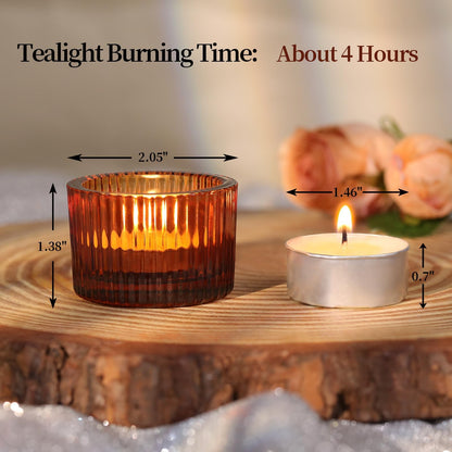 HAVITI 18 Pcs Amber Tealight Candle Holders with 18PCS Tealights, Glass Votive Candle Holders Set for Table Centerpiece, Home Decor and Party Supplies