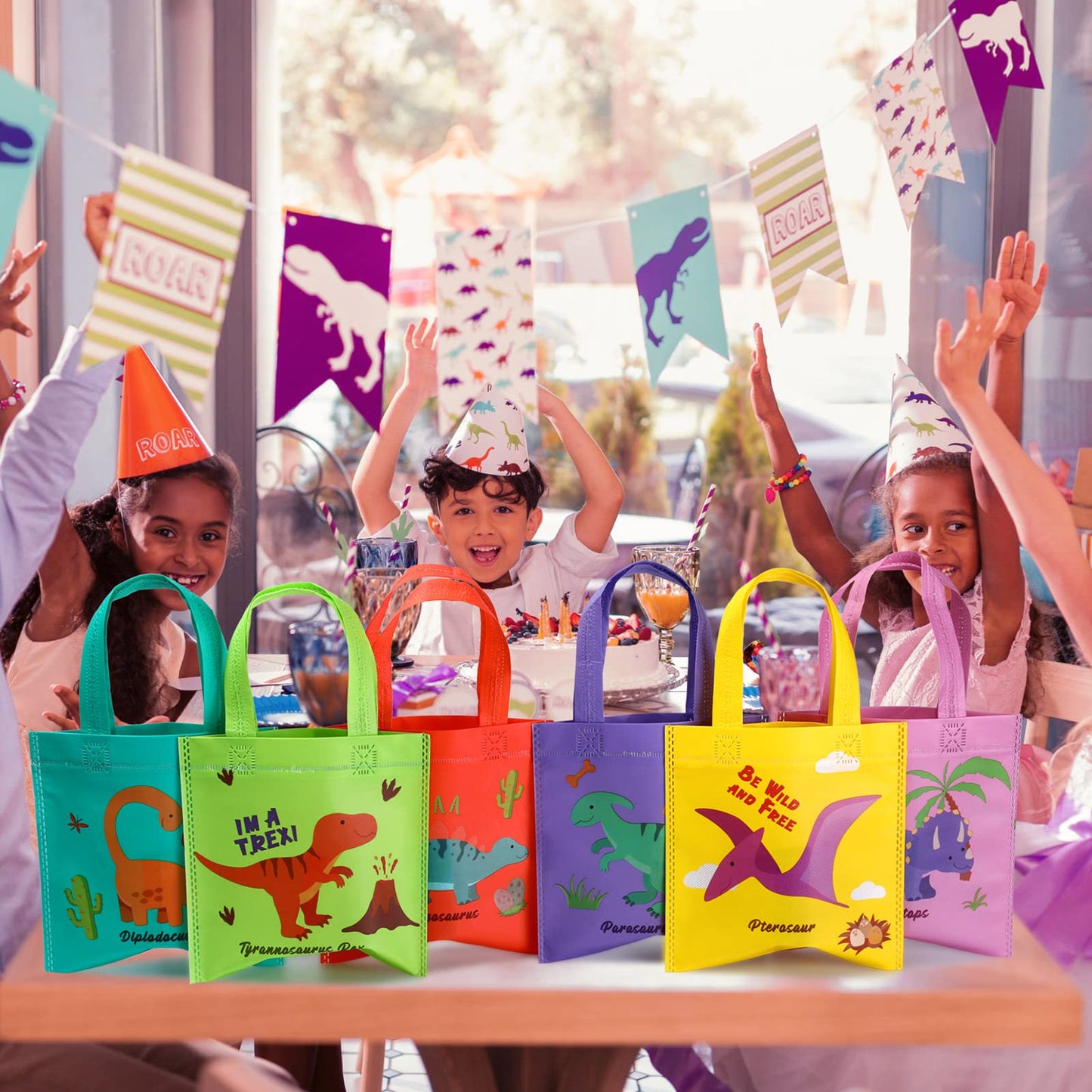 Tallew 24 Pieces Dinosaur Party Favor Bags Dinosaur Birthday Party Supplies Dino Goodie Treat Candy Gift Bags Non Woven with Handles Reusable for Birthday Decorations
