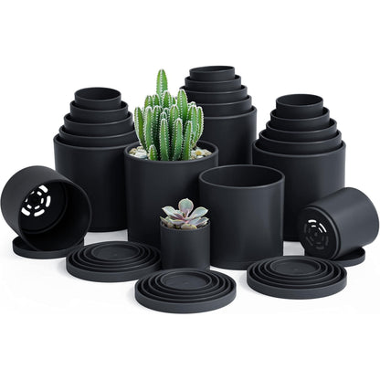 D'vine Dev Pack of 20 Plastic Plant Pots (4 Set of 2 Inch, 2.5 Inch, 3 Inch, 3.5 Inch, 4 Inch) Small Garden Planter Pots for Plant with Drainage Holes and Saucers, Black, 74-U-B
