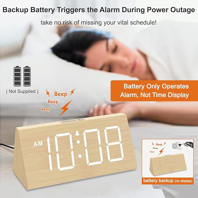 DreamSky Wooden Digital Alarm Clock for Bedrooms with Large Numbers | Electric Desk Clock, USB Port, Loud Alarm for Heavy Sleepers, Adjustable Volume, Dimmer, DST, Wood Décor Gifts, Plug in Clock