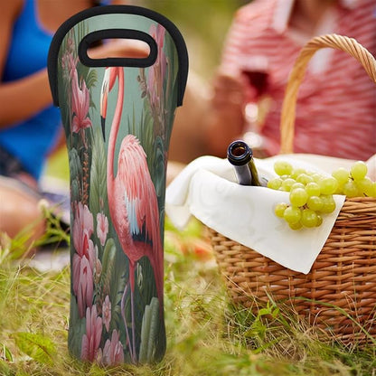 Flamingo Tropical Flowers Wine Bag Single Bottle Wine Tote Bag Neoprene Wine Carrier Bags with Carry Handle Portable Wine Bottle Holder for Travel Party Picnic