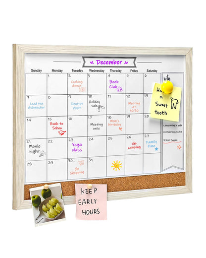 Dry Erase Calendar Whiteboard for Wall, Small Combination Magnetic Dry Erase White Board & Bulletin Board, 13" x 17"，White Frame Calendar/Cork Combo Board(WH-3343)