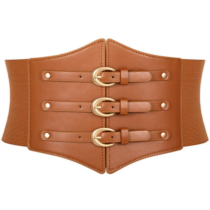 JKEEMI Women Corset Belt Wide Stretchy Waspie Elastic Waist Belt with Gold Buckle for Daily Cosplay Halloween Costume