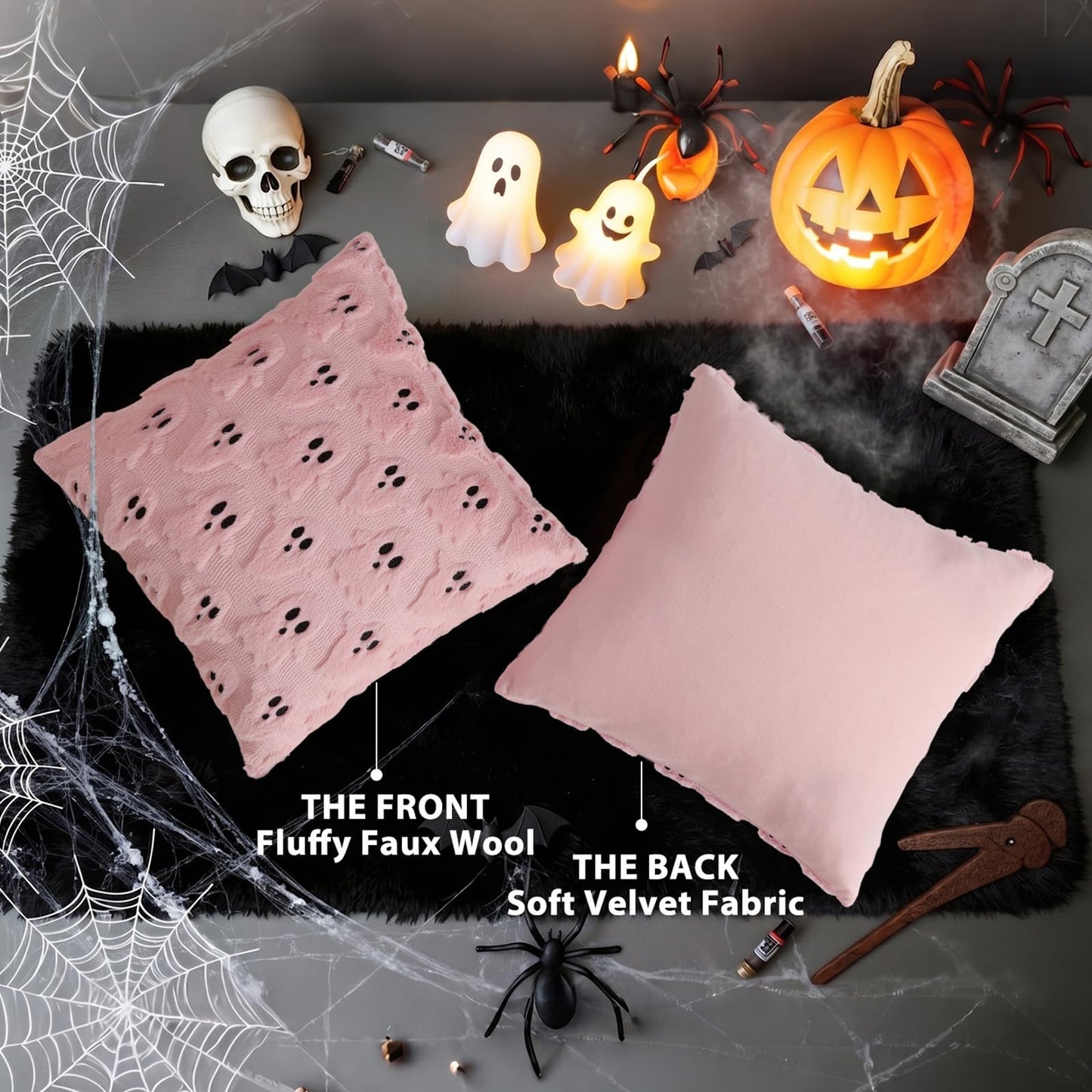 decorUhome Fall Halloween Ghost Pillow Covers 16x16 Pack of 2 Soft Plush Faux Wool Textured Throw Pillow Covers Cute 3D Ghost Decorative Cushion Cases for Couch Sofa Bedroom Home Decor, Blush Pink