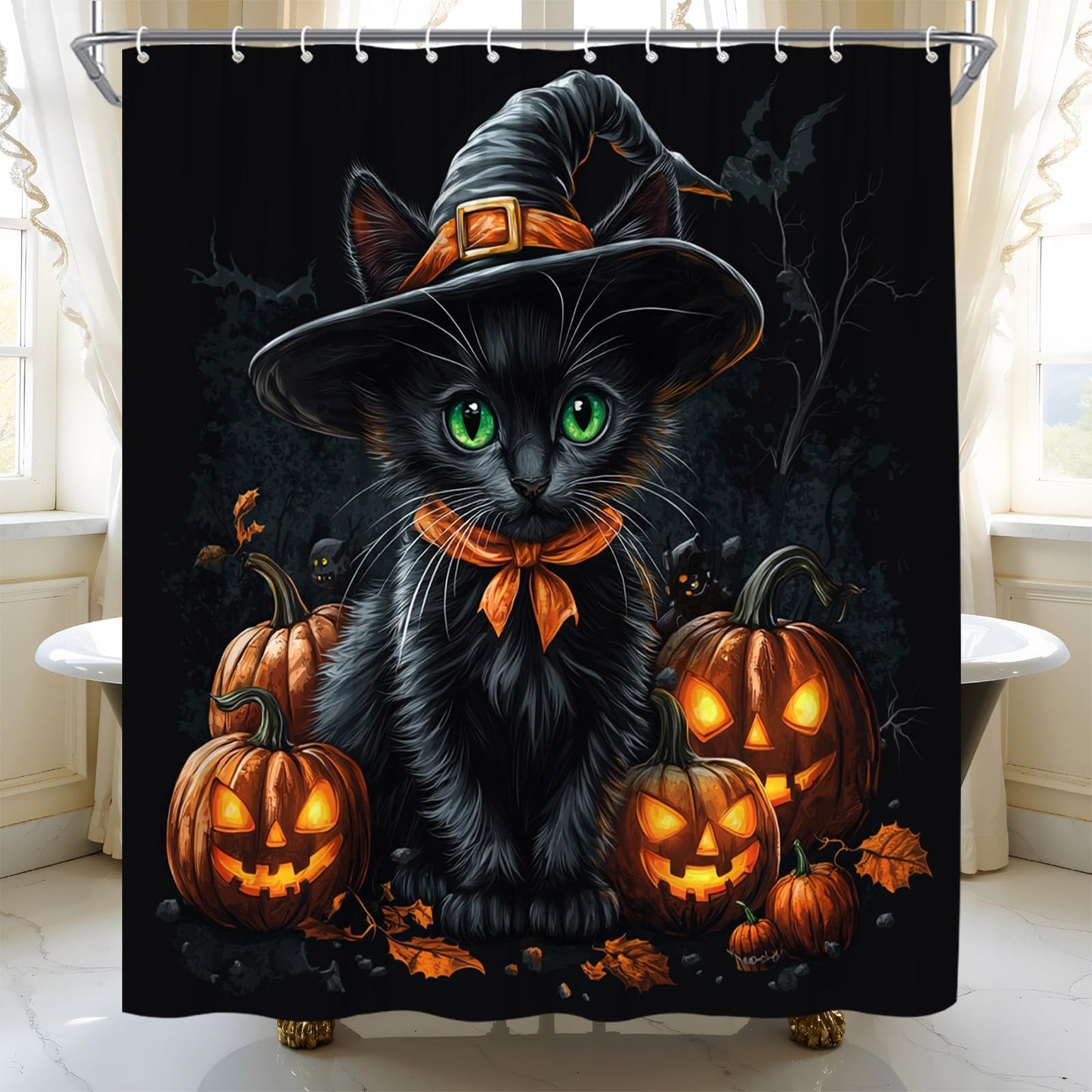 UEAUUN Magic Black Cat Shower Curtain Gothic Halloween, 70x70 Inch