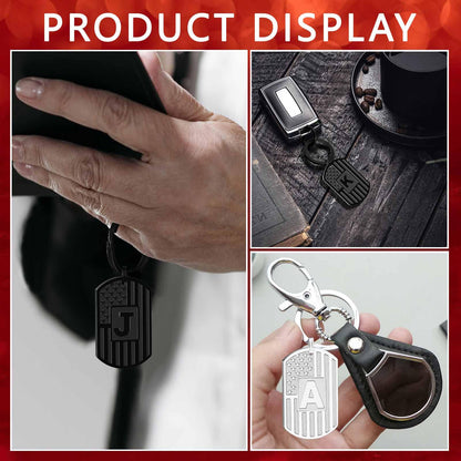 Miss Chipmunk Initial Keychain Gifts for Men,A-Z Letter American Flag Dog Tag Stainless Steel Keychain,Mens Accessories Gift (Black, Letter B)