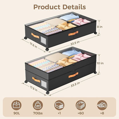 Under Bed Storage with Wheels, Large Capacity UnderBed Containers with Clear Lids, Shoe Organizer Under Bed Drawers, Rolling Under the Bed Storage for Clothes, Shoes, Blankets