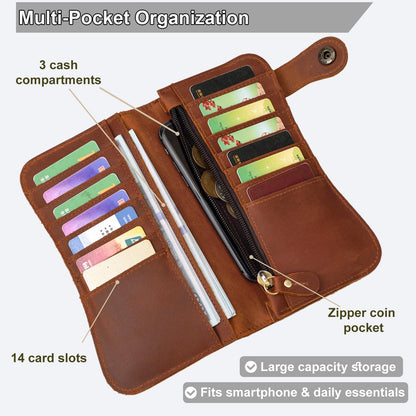 Yevabo Retro Full-grain Genuine Leather Long Wallet Tiger Embossed Bi-fold Clutch Wallet with Anti-Theft Chain, Card Holder Zipper Coin Purse for Men, Brown
