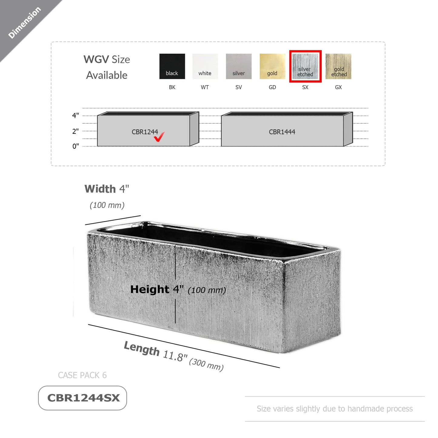 WGVI Long Rectangle Ceramic Planter Vase in Silver Etched 12" x 4" x 4"H, Block Rectangular Terrarium Box Pot, Flower Arrangement, Table top Centerpiece, Home Decor Storage Container, 1 Pc.