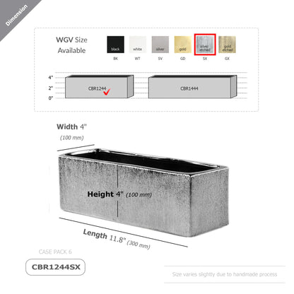 WGVI Long Rectangle Ceramic Planter Vase in Silver Etched 12" x 4" x 4"H, Block Rectangular Terrarium Box Pot, Flower Arrangement, Table top Centerpiece, Home Decor Storage Container, 1 Pc.