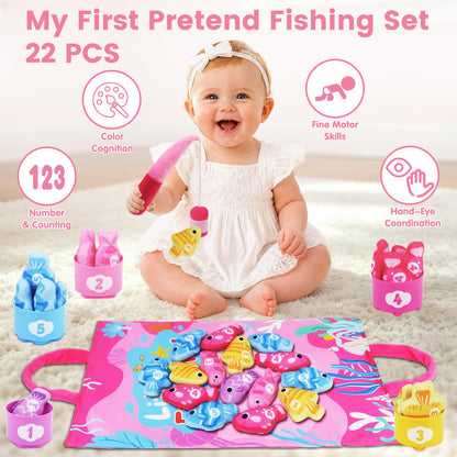Montessori Toys for 1 Year Old Girl Gifts - Cloth Fishing Game with Stacking Cups Toddler Toys Age 1-2 - One Year Old Boy Girl First Birthday Gift - Sorting Learning Baby Toy 12-18 Months Toddlers 1-3