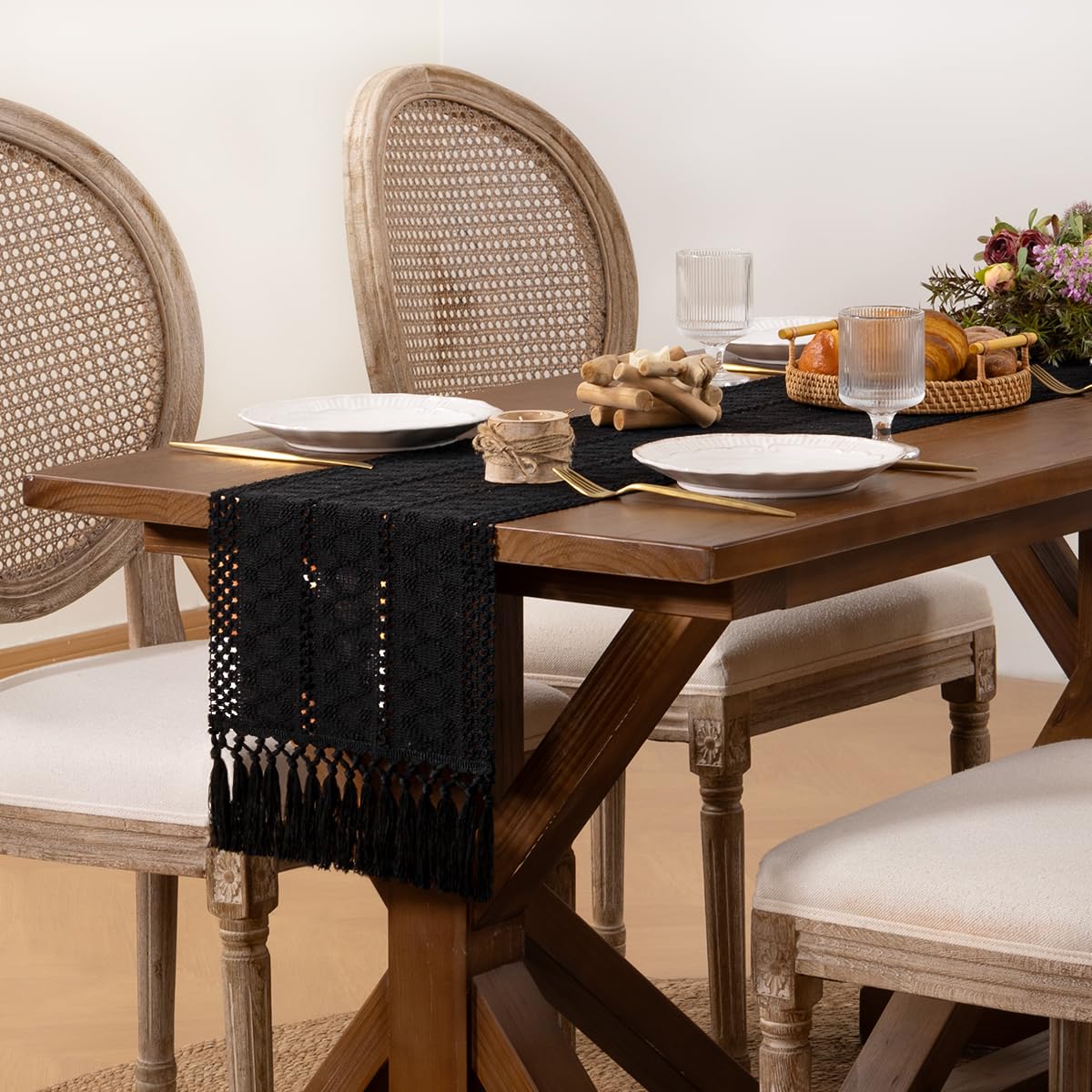 DeZerlor Boho Macrame Table Runner Spring Easter Farmhouse Woven Table Runner with Tassels 90 Inches Halloween Black Cotton Linen Kitchen Table Decor for Dining Dresser Home Tea Table Decor