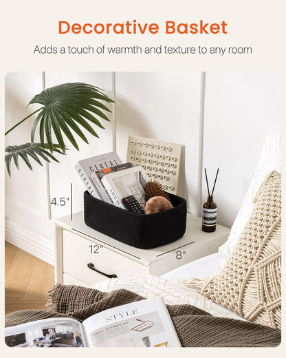Small Woven Basket, 12 x 8 x 4.5 Inches, Storage Basket for Organizing, Cute Small Rope Shelf Closet Cube Storage Bins Baskets for Shelves, Dog Toy Gift Baskets Empty, 3 Packs, Black