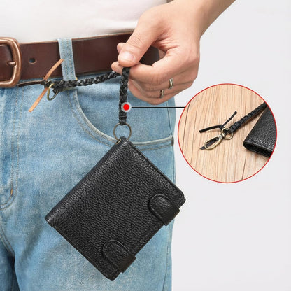 Mewpurrs Mens Genuine Leather Trifold Wallet, RFID Blocking Vertical Wallet with Wrist Strap, Zipper Coin Pocket, 15 Card Slots, Black