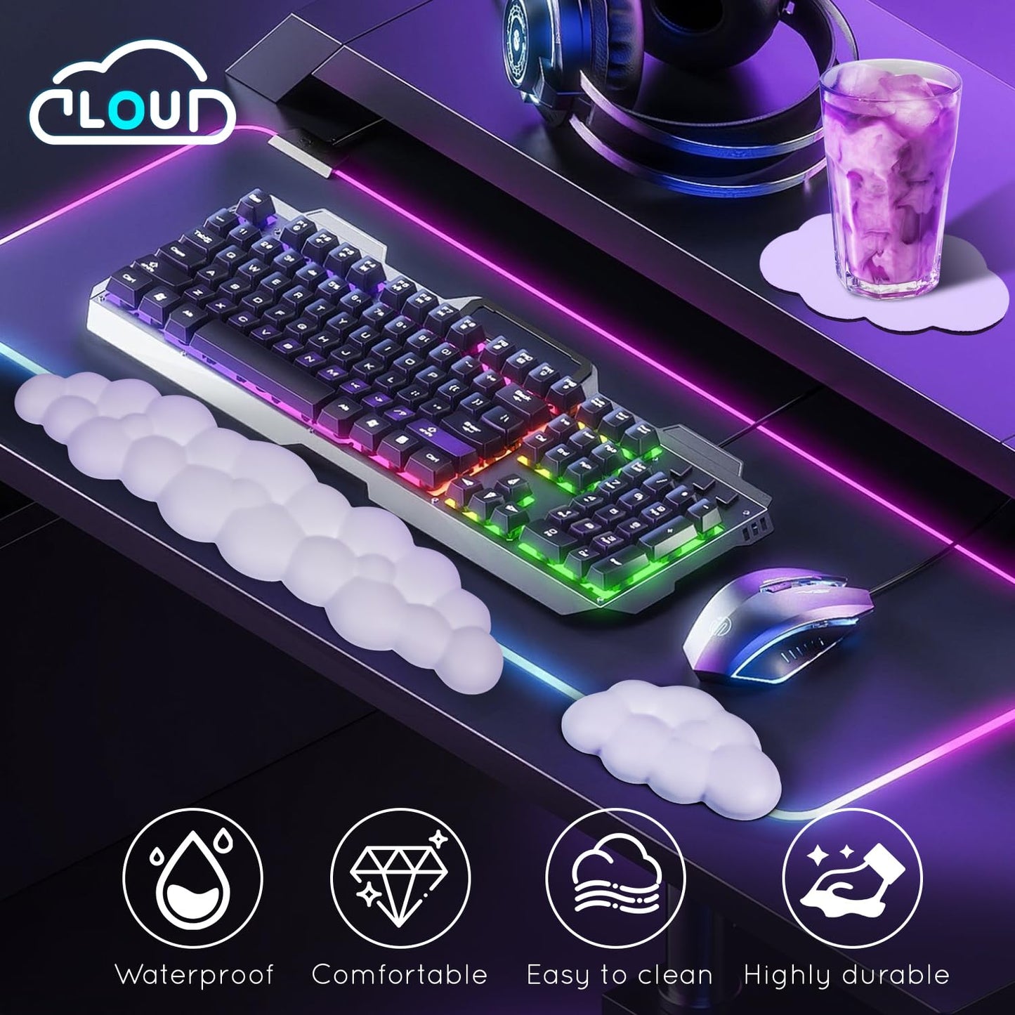 Cloud Wrist Rest for Computer Keyboard Arm Wrist Rest with Non-Slip Base Extended Rest Ergonomic Memory Foam for Keyboard and Mouse Typing Pain Relief, Office, Gaming, Computer