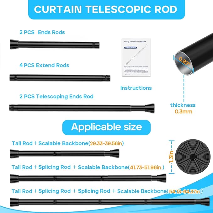 MEXAU 2 Pack Black Shower Curtain Rod 30 To 64 Inch Black Shower Tension Rod 7/8" Adjustable Curtain Rod No Drilling Spring Tension Curtain Rod Shower Rods for Bathroom Windows Doorways Closet